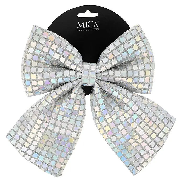 Mica Decorations Deko-Schleife Schleife - Irisierend, 1 Stk. - Große silberne Glitzerschleife mit irisierendem Mosaikmuster, an schwarzem Aufhänger zur Präsentation.