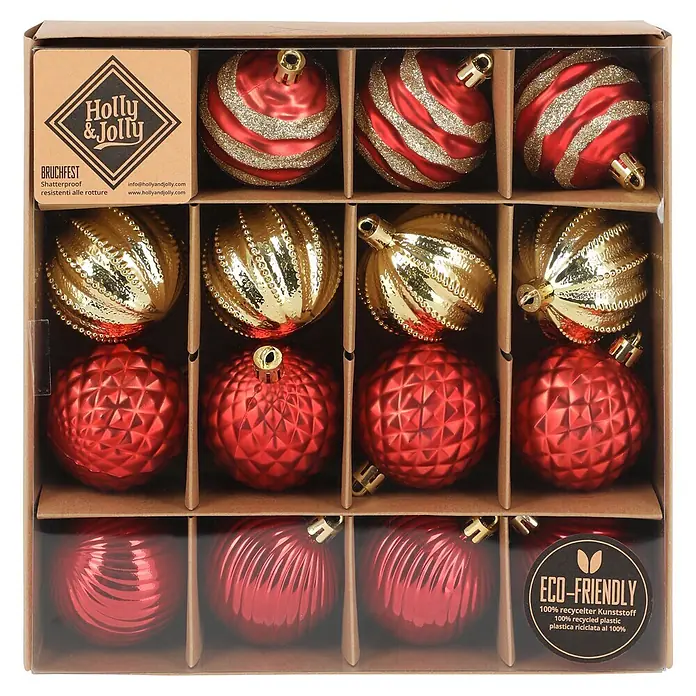 Christbaumkugel-Set Holly & Jolly - Rot/ Gold, Kunststoff, 16 Stk. - Set aus bruchfesten roten und goldenen Weihnachtsbaumkugeln mit Glitzer und Struktur, in umweltfreundlicher Box.