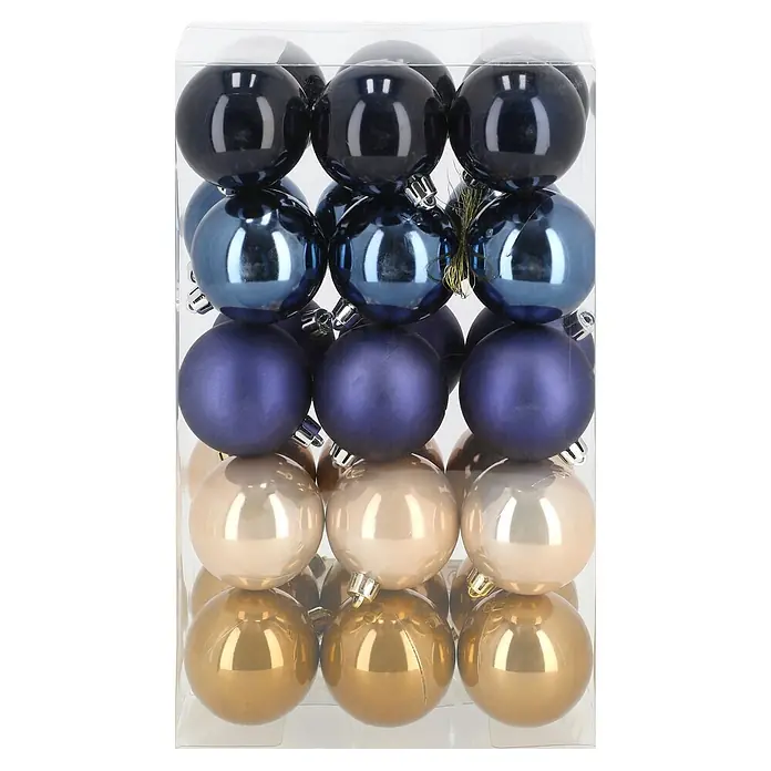 Christbaumkugel-Set - Blau, Violett und Creme, Kunststoff, 30 Stk., 6 cm - Eine transparente Box mit verschiedenen Weihnachtskugeln: glänzend dunkelblau, reflektierend blau, matt lila, glänzend champagner und gold.