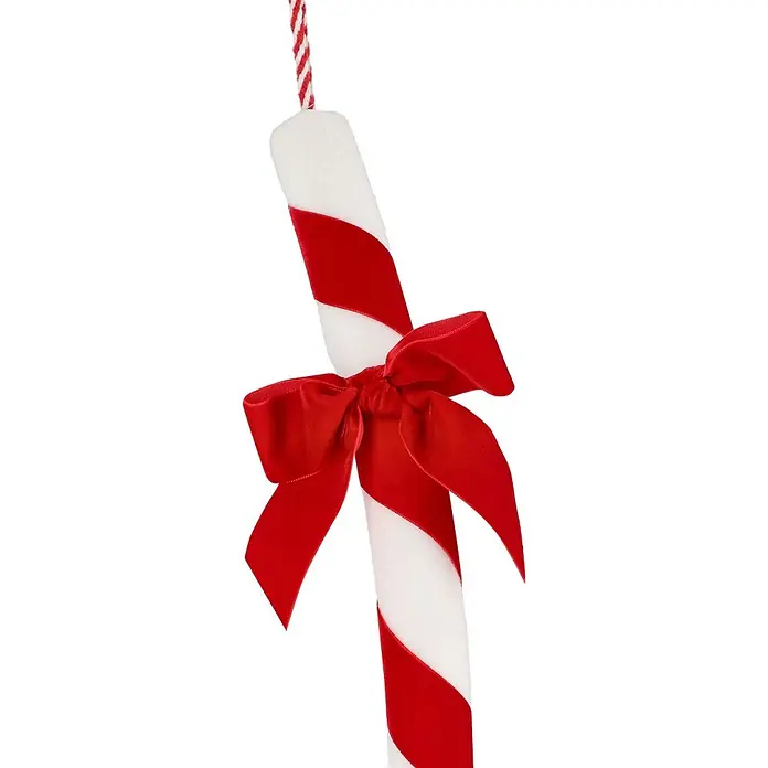 Mica Decorations Dekofigur an Zuckerstange hängend - L x B x H: 35 x 15 x 77 cm, Polyester - Weiß-rot gestreifte Zuckerstangen-Dekoration mit roter Samtschleife und Aufhängeschnur.