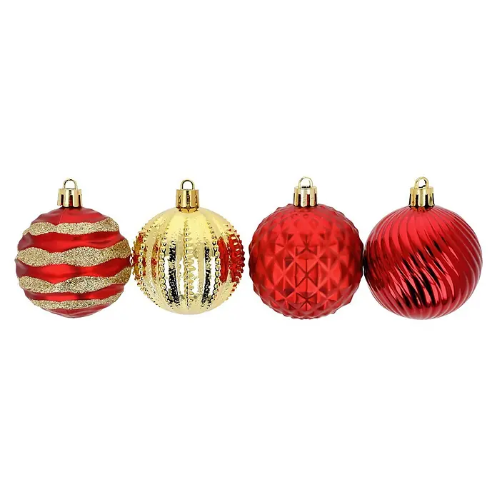 Christbaumkugel-Set Holly & Jolly - Rot/ Gold, Kunststoff, 16 Stk. - Vier Weihnachtskugeln: eine rot mit Goldglitzerstreifen, eine gold texturiert, eine rot facettiert, eine rot spiralförmig.