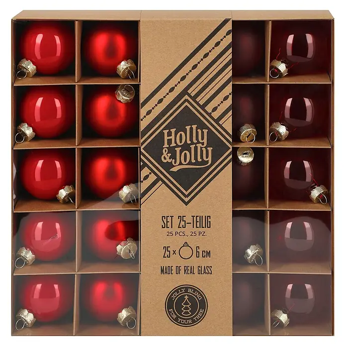 Christbaumkugel-Set Holly & Jolly - Merry Red, Glas, Durchmesser: 6 cm, 25 Stk. - Set aus 25 roten Glas-Weihnachtskugeln, 6 cm, in braunem Karton mit Klarsichtdeckel.