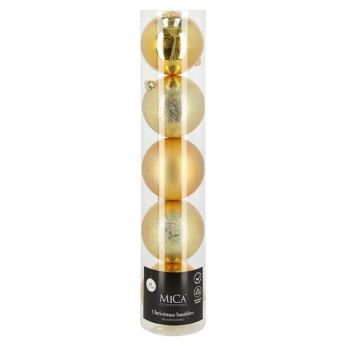 Christbaumkugel-Set - Gold, Kunststoff, 5 Stk., Durchmesser: 15 cm - Fünf goldene Weihnachtskugeln, teils glitzernd, teils matt, in klarer Verpackung aus recyceltem Kunststoff.