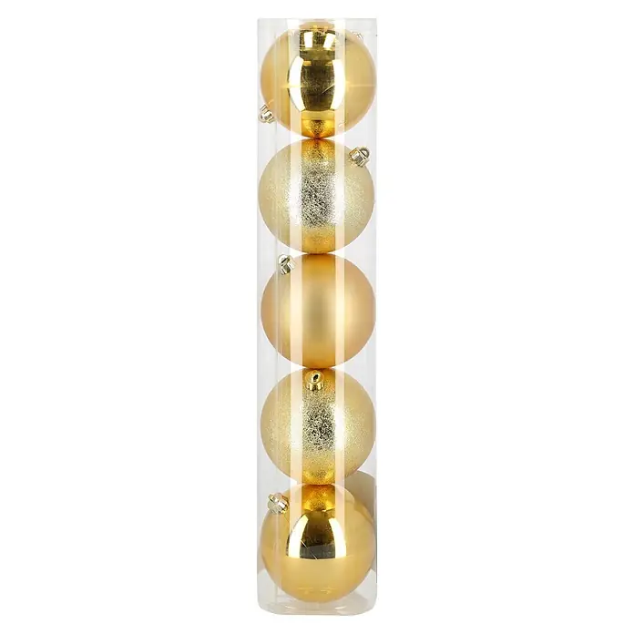Christbaumkugel-Set - Gold, Kunststoff, 5 Stk., Durchmesser: 15 cm - Goldene Weihnachtskugeln in einer transparenten Röhre, mit glänzenden, glitzernden und matten Oberflächen.