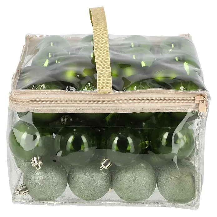 Christbaumkugel-Set - Grün, Kunststoff, 48 Stk., Durchmesser: 6 cm - Grüne Weihnachtsbaumkugeln in einer transparenten Aufbewahrungstasche mit Reißverschluss und beigem Griff.