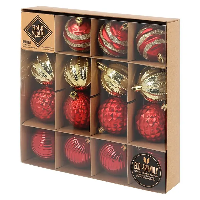 Christbaumkugel-Set Holly & Jolly - Rot/ Gold, Kunststoff, 16 Stk. - Schachtel mit roten und goldenen bruchfesten, umweltfreundlichen Weihnachtskugeln in verschiedenen Mustern.