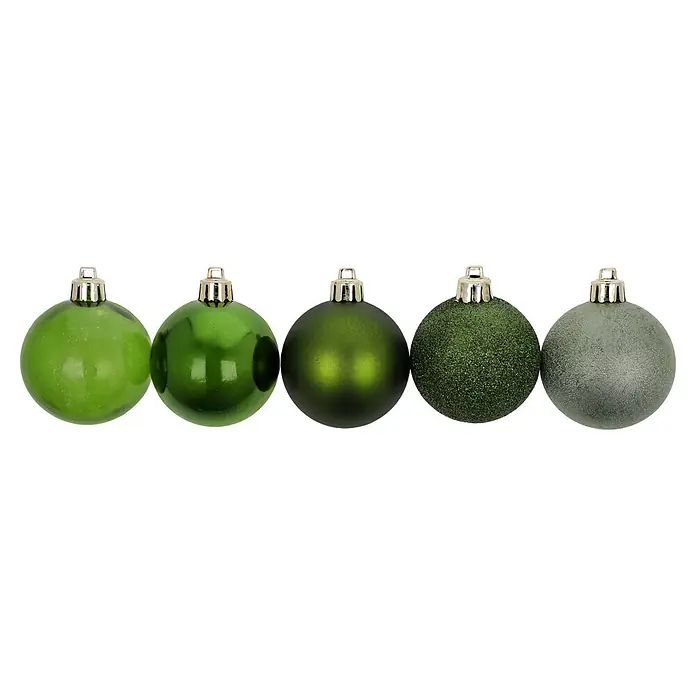 Christbaumkugel-Set - Grün, Kunststoff, 48 Stk., Durchmesser: 6 cm - Fünf grüne Weihnachtskugeln mit unterschiedlichen Oberflächen, von glatt bis glitzernd.