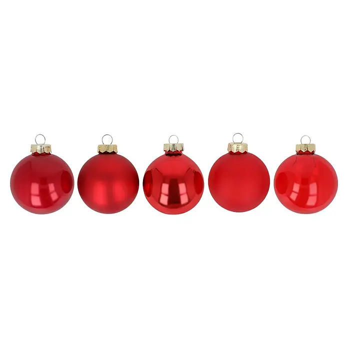 Christbaumkugel-Set Holly & Jolly - Merry Red, Glas, Durchmesser: 6 cm, 25 Stk. - Fünf rote Weihnachtsbaumkugeln mit goldenen Kappen, in glänzenden und matten Ausführungen.