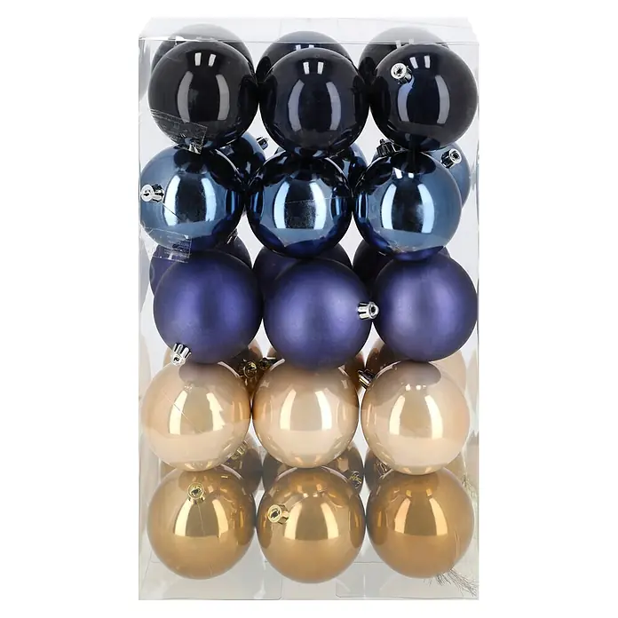 Christbaumkugel-Set - Blau, Violett und Creme, Kunststoff, 30 Stk., 8 cm - Gestapelte Weihnachtskugeln in einer transparenten Box, glänzend dunkelblau, matt lila und schimmernd goldfarben.