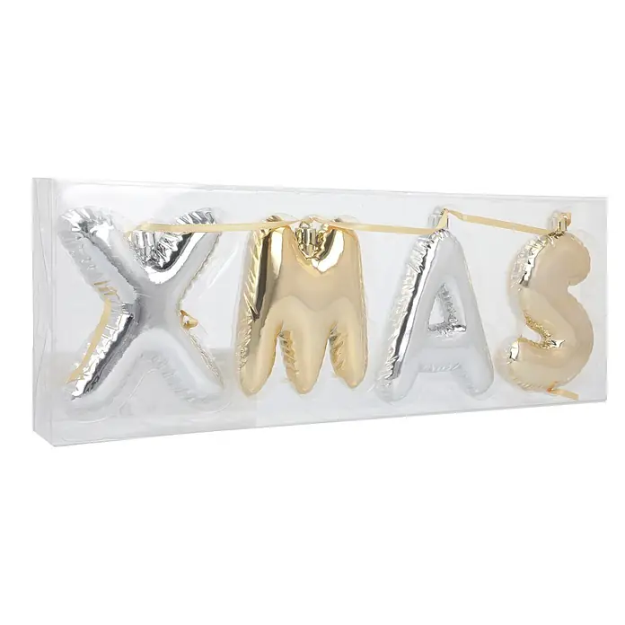 Weihnachtsgirlande XMAS - Kunststoff, L x B x H: 6 x 2,5 x 10 cm - Metallisch silbernes und goldenes 'XMAS' Girlandenset in transparenter Kunststoffverpackung.
