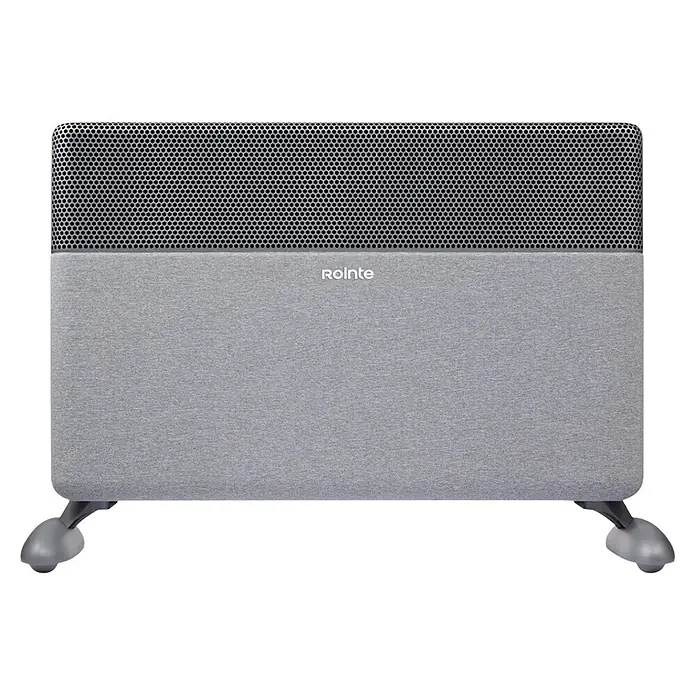 Rointe Convector Iroko - 1.500 W, 12 x 56 x 42 cm, Gris - Calefactor eléctrico gris con rejilla superior perforada, cuerpo inferior tipo tela y ruedas. Logotipo "Rointe" en el frente.