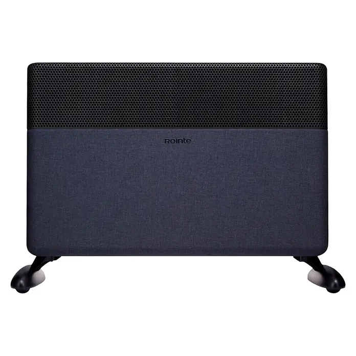 Rointe Convector Iroko - 1.500 W, 12 x 56 x 42 cm, Antracita - Calentador eléctrico Rointe azul-gris oscuro con rejilla de malla negra en la parte superior y ruedas.