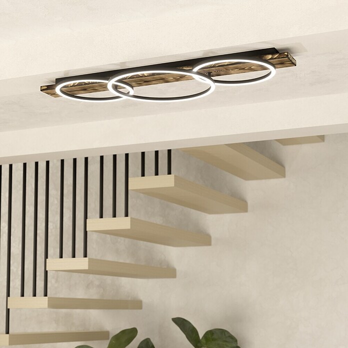 Eglo Boyal LED-Deckenleuchte (37,5 W, 101 x 40 x 9,5 cm, Schwarz/Holz rustikal, Warmweiß, Anzahl Leuchtmittel: 3 Stk.) | BAUHAUS