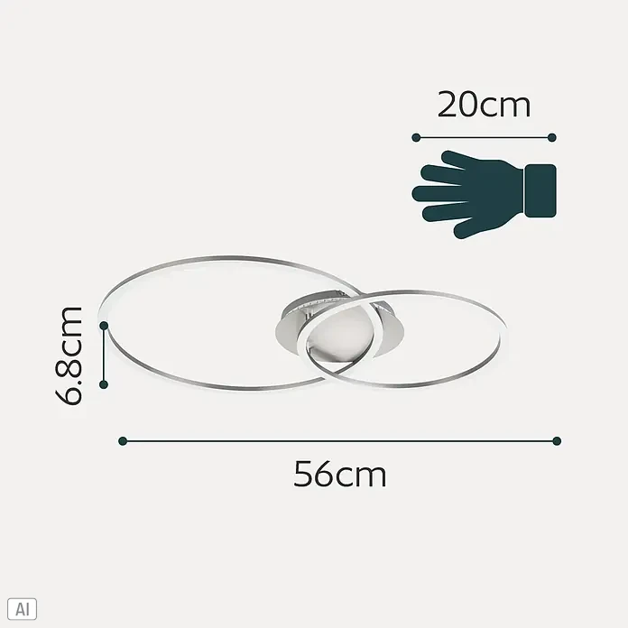 Eglo LED-Deckenleuchte PALMAVES 3 - 12 W, L x B x H: 55 x 39 x 8,9 cm, Nickel-matt, RGBW - Moderne silberne LED-Deckenleuchte mit zwei ineinandergreifenden Ringen, 56 cm breit, 6,8 cm hoch und Hand als Größenvergleich (ca. 20 cm).