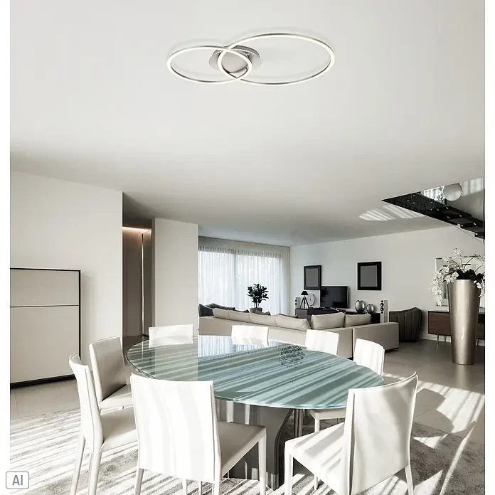 Eglo LED-Deckenleuchte PALMAVES 3 - 12 W, L x B x H: 55 x 39 x 8,9 cm, Nickel-matt, RGBW - Moderne silberne Deckenleuchte mit zwei beleuchteten Ringen, in einem Esszimmer installiert.