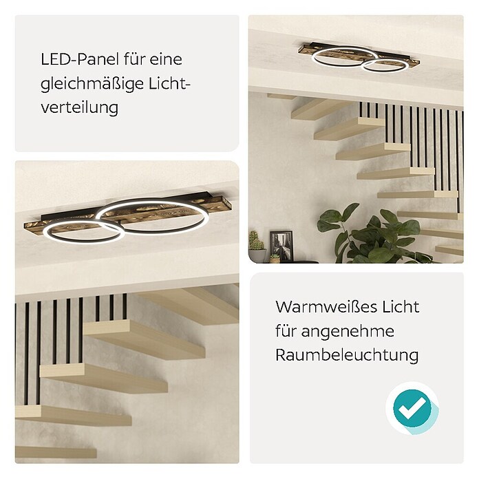 Eglo Boyal LED-Deckenleuchte (24 W, 78 x 40 x 9 cm, Schwarz/Holz rustikal, Warmweiß, Anzahl Leuchtmittel: 2 Stk.) | BAUHAUS