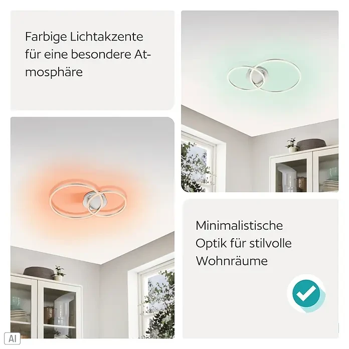 Eglo LED-Deckenleuchte PALMAVES 3 - 12 W, L x B x H: 55 x 39 x 8,9 cm, Nickel-matt, RGBW - Moderne Deckenleuchte mit zwei ineinandergreifenden Ringen, die farbiges Akzentlicht in einem Wohnzimmerambiente ausstrahlt.