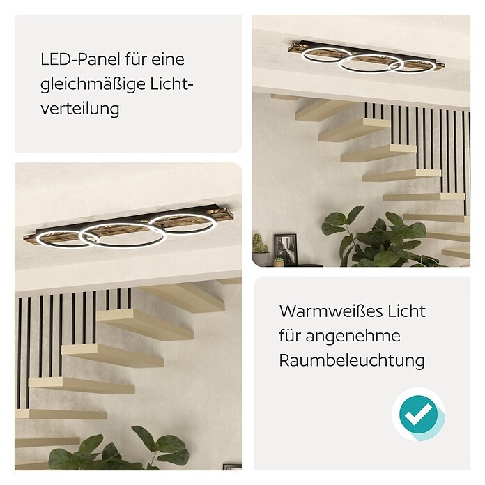 Eglo Boyal LED-Deckenleuchte (37,5 W, 101 x 40 x 9,5 cm, Schwarz/Holz rustikal, Warmweiß, Anzahl Leuchtmittel: 3 Stk.) | BAUHAUS