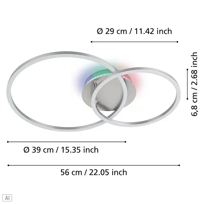 Eglo LED-Deckenleuchte PALMAVES 3 - 12 W, L x B x H: 55 x 39 x 8,9 cm, Nickel-matt, RGBW - Moderne silberne LED-Deckenleuchte mit zwei ineinandergreifenden Ringen und RGB-Ambientebeleuchtung.