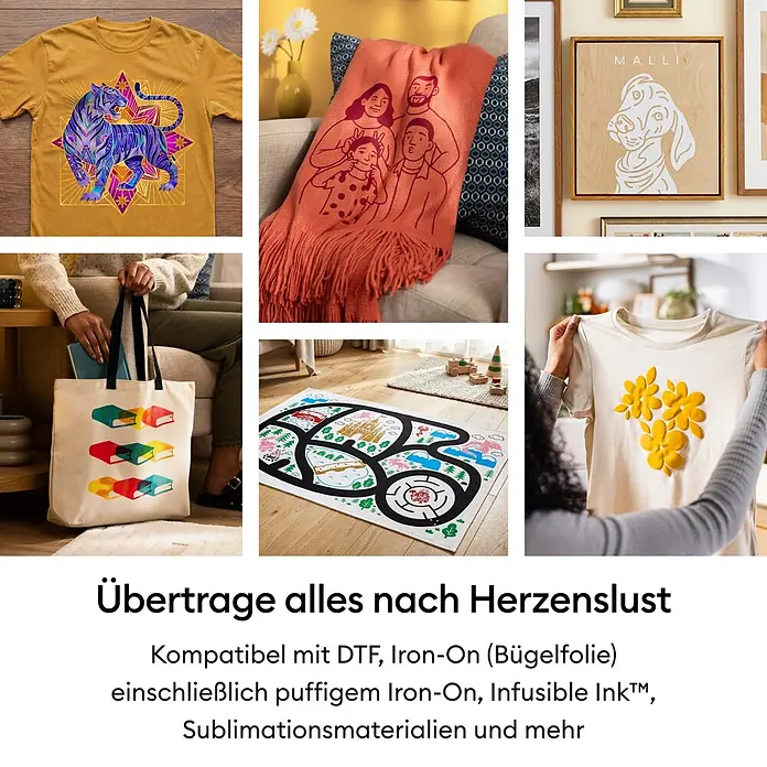 Cricut Transferpresse Autopress 2 - 53,5 x 41,3 x 29,4 cm, Drucktechnologie: Wärmeübertragung, Slate Blue - Diverse personalisierte Artikel wie T-Shirts, Decke, Tasche und Spielmatte, hergestellt mit Transfermaterialien.