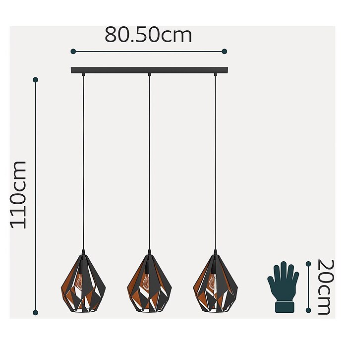 Eglo Pendelleuchte rund (3 x 60 W, Schwarz, Ø x H: 20,5 x 110 cm)