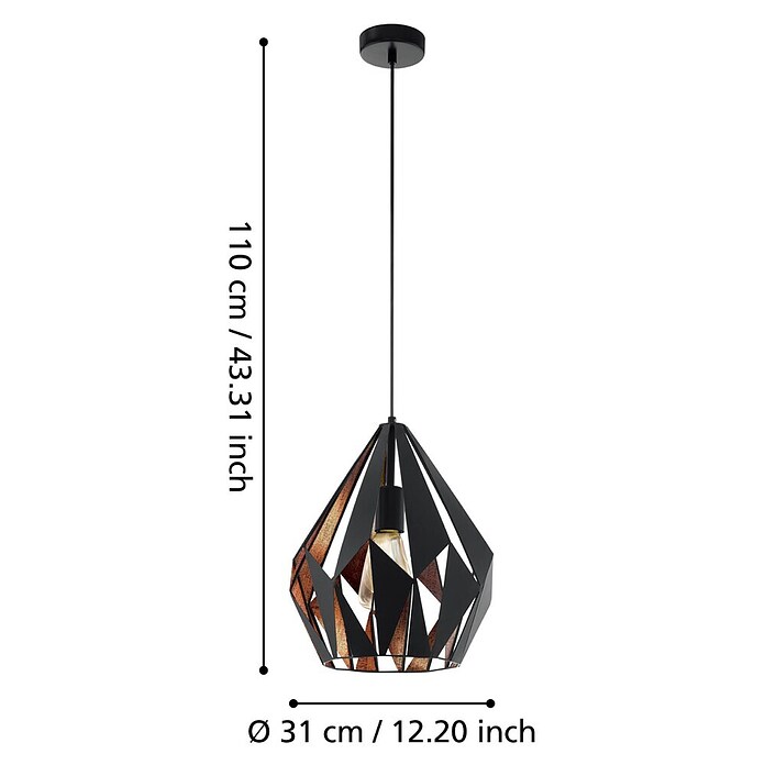 Eglo Pendelleuchte rund Carlton 1 (60 W, Kupfer/Schwarz, Höhe: 110 cm)