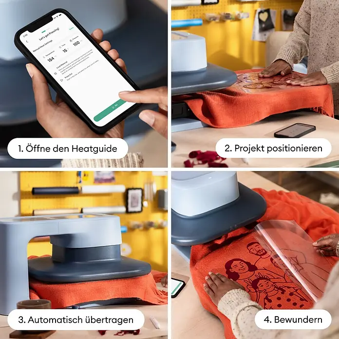 Cricut Transferpresse Autopress 2 - 53,5 x 41,3 x 29,4 cm, Drucktechnologie: Wärmeübertragung, Slate Blue - Eine hellblaue und dunkelgraue Transferpresse überträgt ein Design auf orangefarbenen Stoff, gesteuert per Smartphone-App mit Einstellungen.