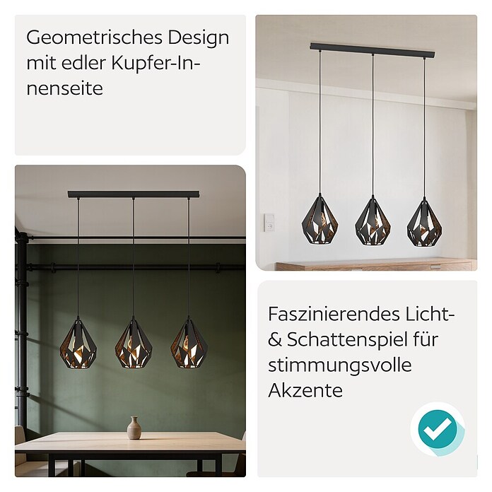 Eglo Pendelleuchte rund (3 x 60 W, Schwarz, Ø x H: 20,5 x 110 cm)