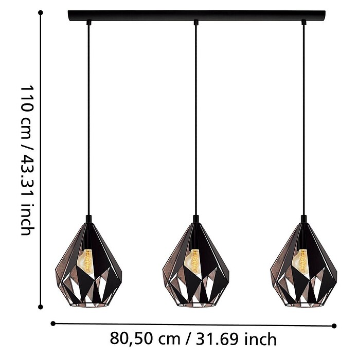 Eglo Pendelleuchte rund (3 x 60 W, Schwarz, Ø x H: 20,5 x 110 cm)