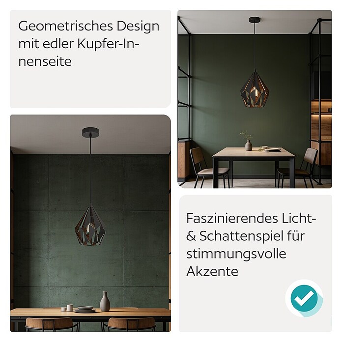 Eglo Pendelleuchte rund Carlton 1 (60 W, Kupfer/Schwarz, Höhe: 110 cm)