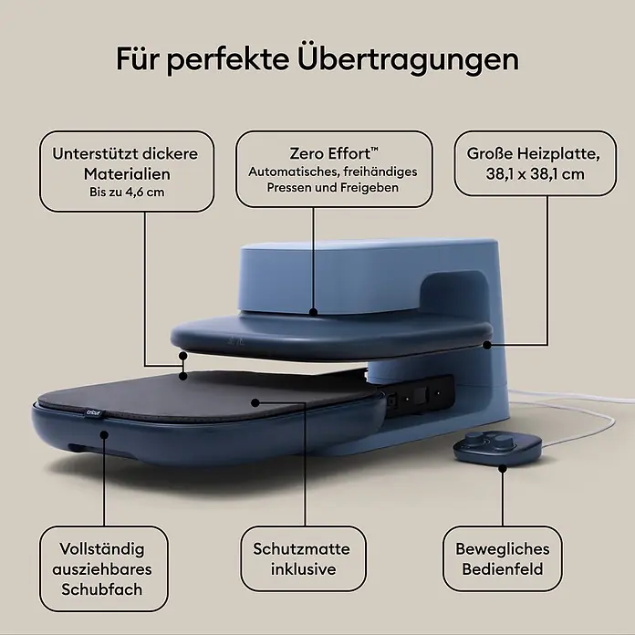 Cricut Transferpresse Autopress 2 - 53,5 x 41,3 x 29,4 cm, Drucktechnologie: Wärmeübertragung, Slate Blue - Blaue Cricut Transferpresse für perfekte, freihändige Übertragungen auf Materialien bis 4,6 cm Dicke, mit großer Heizplatte.