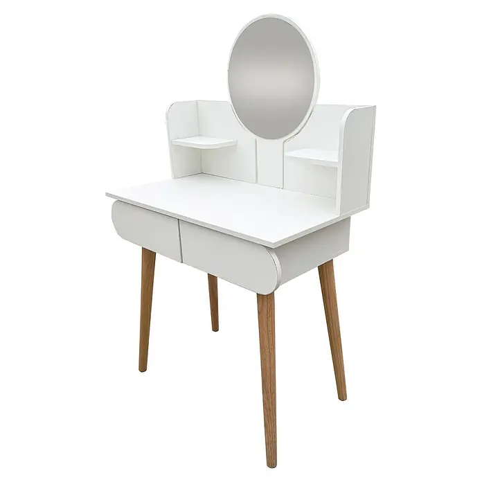 Fulmo Mesa tocador Sofía - L x An x Al: 45 x 131 x 80 cm, Blanco/Madera, Espejo - Tocador blanco con espejo redondo, dos cajones, dos estantes y patas de madera clara.