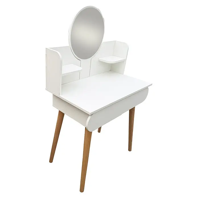 Fulmo Mesa tocador Sofía - L x An x Al: 45 x 131 x 80 cm, Blanco/Madera, Espejo - Tocador blanco con espejo redondo, patas de madera y estantes pequeños.