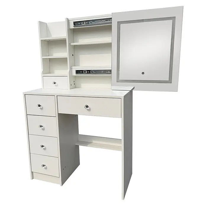 Fulmo Mesa tocador Aurora - L x An x Al: 36 x 131 x 80 cm, Blanco, Iluminación LED - Tocador blanco con estante superior, varios cajones y un espejo iluminado separado con pomos de cristal.