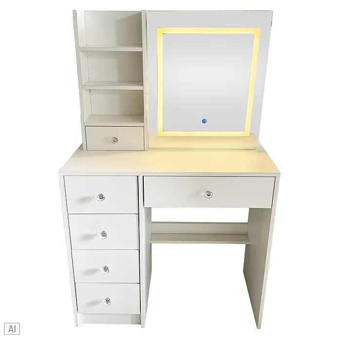 Fulmo Mesa tocador Aurora - L x An x Al: 36 x 131 x 80 cm, Blanco, Iluminación LED - Tocador blanco con espejo iluminado, estantes laterales y varios cajones con pomos de cristal.