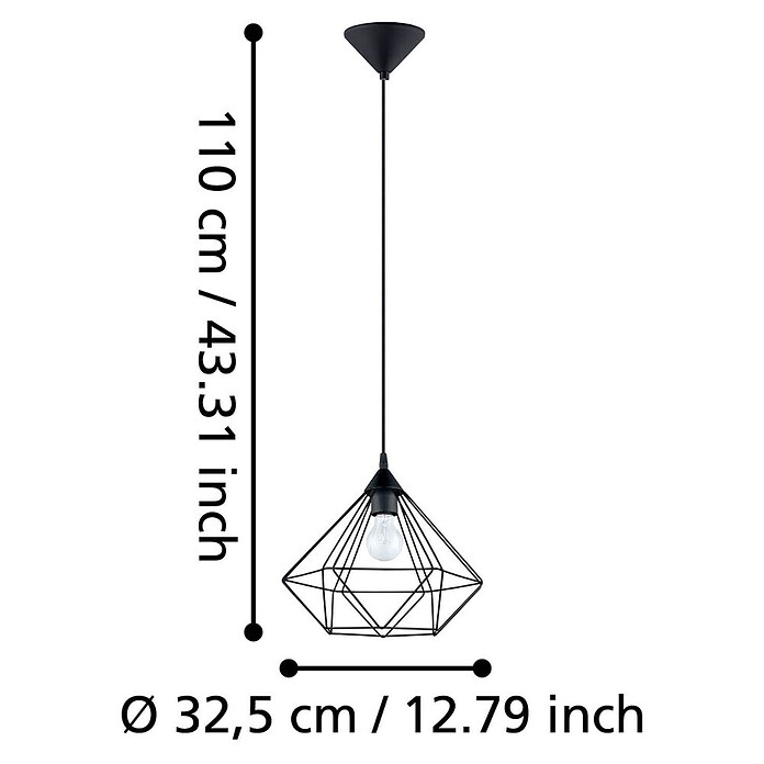 Eglo Tarbes Pendelleuchte rund (Schwarz, Höhe: 110 cm, Max. Leistung: 60 W, E27, 1-flammig, Durchmesser: 32,5 cm)
