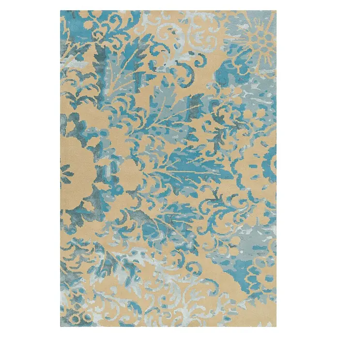 Kayoom Kurzflorteppich Satin 8061 - Creme/Türkis, 180 x 120 cm, 70 % Wolle, 30 % Viskose - Ein rechteckiger Teppich mit einem kunstvollen floralen und Damastmuster in Beige, Hellblau und Dunkelblau.