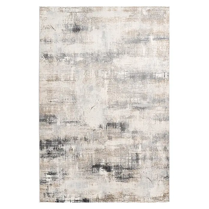 Kayoom Kurzflorteppich Sail 701 - Grau, 230 x 160 cm, 70 % Polypropylen, 30 % Polyester - Abstrakter, unregelmäßig gemusterter Teppich mit Textur in Weiß, Beige und Grau.