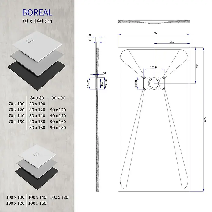 i-flair Duschwanne Boreal 140x70 cm - Verbundwerkstoff, Grau