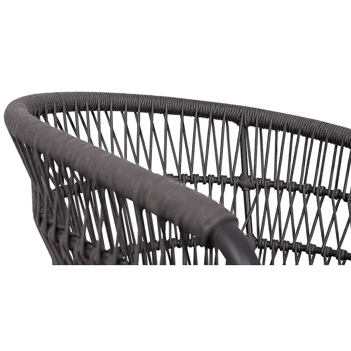 Bene Living Gartenstuhl-Set Genua - 2 Stk., Aluminium mit Rope-Geflecht, grau - Nahaufnahme einer dunkelgrauen Rückenlehne/Armlehne aus geflochtenem Seil an einem Metallstuhl.