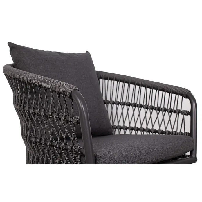 Bene Living Gartenstuhl-Set Genua - 2 Stk., Aluminium mit Rope-Geflecht, grau - Anthrazitfarbener geflochtener Seilsessel mit dunkelgrauen Polstern.