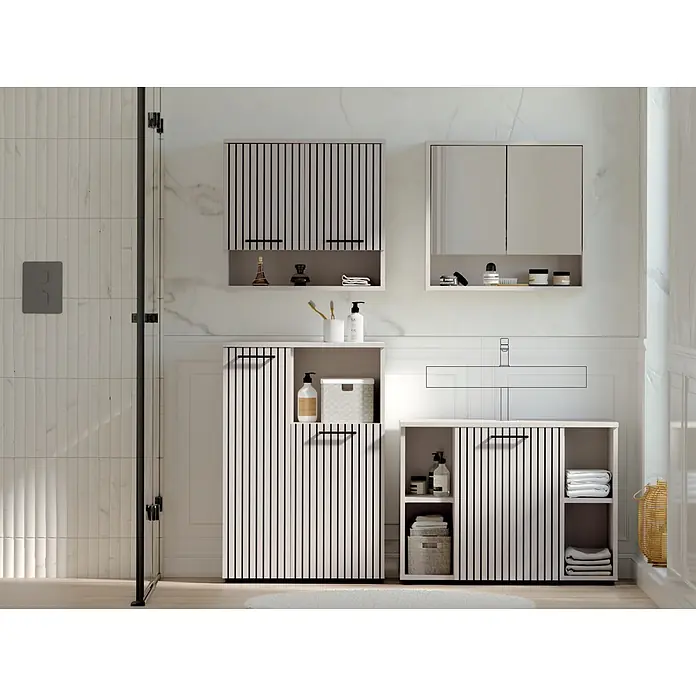 Respekta Badmöbel-Set Lina - Gesamtbreite Badmöbel: 155 cm, Kaschmir, Matt, Mit Beleuchtung, 4 -tlg. - Moderne rosa/beige & schwarz gestreifte Badschränke, mit Spiegelschrank, bieten funktionalen Stauraum.