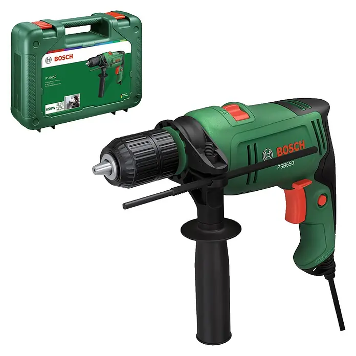 Bosch Taladro percutor PSB650 - 400 W - 650 W, Portabrocas de sujeción rápida - Taladro percutor Bosch PSB650 verde con portabrocas negro, botones rojos y empuñadura auxiliar. Incluye un maletín de transporte verde a juego.