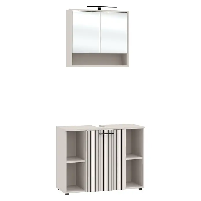 Respekta Badmöbel-Set Lina - Gesamtbreite Badmöbel: 80 cm, Kaschmir, Matt, Mit Beleuchtung - Hellgraues Badmöbelset mit schwarzen Akzenten: Spiegelschrank mit Licht und Waschtischunterschrank mit Lamellentüren und Regalen.