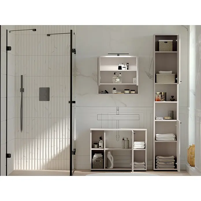 Respekta Badmöbel-Set Lina - Gesamtbreite Badmöbel: 130 cm, Kaschmir, Matt, Mit Beleuchtung - Helle Badezimmerschränke, wandmontiert und stehend, zur Aufbewahrung von Toilettenartikeln und Handtüchern in einem modernen Bad.