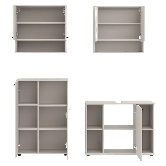 Respekta Badmöbel-Set Lina - Gesamtbreite Badmöbel: 155 cm, Kaschmir, Matt, Mit Beleuchtung, 4 -tlg. - Vier grau-weiße modulare Aufbewahrungsschränke mit teils geöffneten Türen, die interne Regale zeigen.