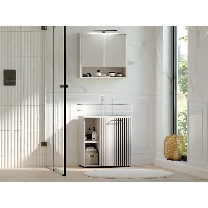 Respekta Badmöbel-Set Lina - Gesamtbreite Badmöbel: 60 cm, Kaschmir, Matt, Mit Beleuchtung - Hellbeige Badezimmermöbel mit integriertem Waschbecken und passendem Wandschrank, bieten Stauraum in einem modernen Bad.