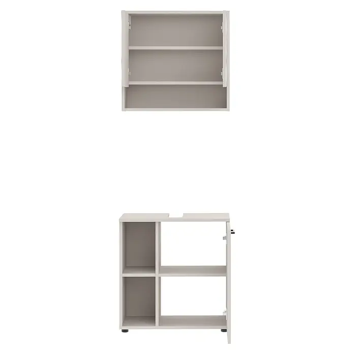 Respekta Badmöbel-Set Lina - Gesamtbreite Badmöbel: 60 cm, Kaschmir, Matt, Ohne Beleuchtung - Zwei hellgraue Aufbewahrungsmöbel: ein Wandschrank mit offenen Türen und Regalen sowie ein niedriges Regal.