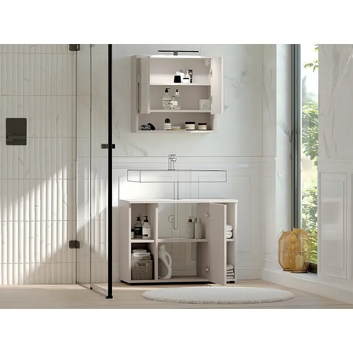 Respekta Badmöbel-Set Lina - Gesamtbreite Badmöbel: 80 cm, Kaschmir, Matt, Mit Beleuchtung - Helles beigefarbenes Badschrank-Set mit Wandschrank und Waschtischunterschrank, Türen offen, mit Toilettenartikeln und Handtüchern.
