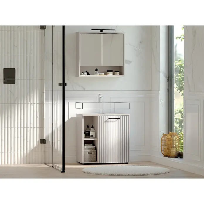 Respekta Badmöbel-Set Lina - Gesamtbreite Badmöbel: 60 cm, Kaschmir, Matt, Mit Beleuchtung - Moderne beigefarbene Badmöbel mit weißem Waschbecken, Lamellentürschrank und passendem Wandschrank.